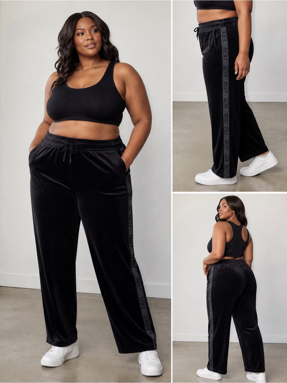 DKNY Velour Track Pants Black Logo Side Stripe Drawstring Lounge Joggers L
